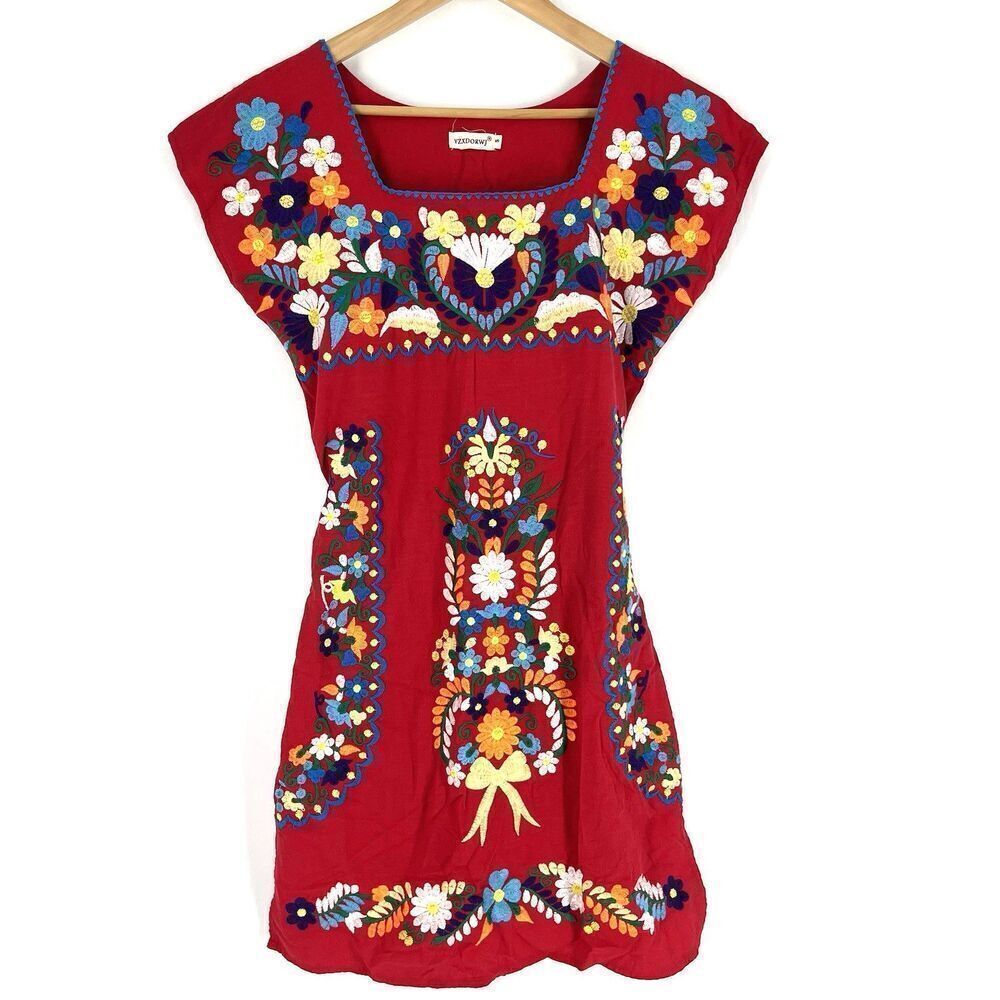 YZXDORWJ Dress Size Small Womens Red Embroidered Cap Sleeve Cotton Fiesta Boho
